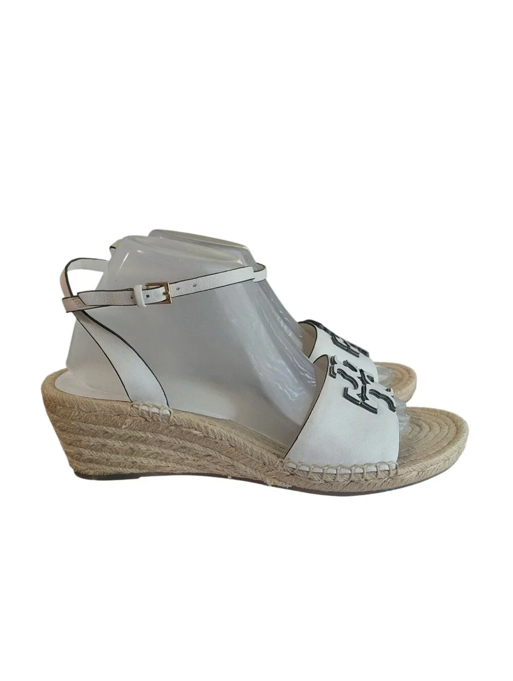 Tory Burch Ines White Leather Logo Espadrille Wedge Sandals Size 9.5